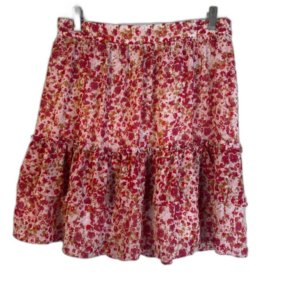 J Crew Factory Pink Floral Print Aline Tiered Ruffle Skirt Lined Size Small